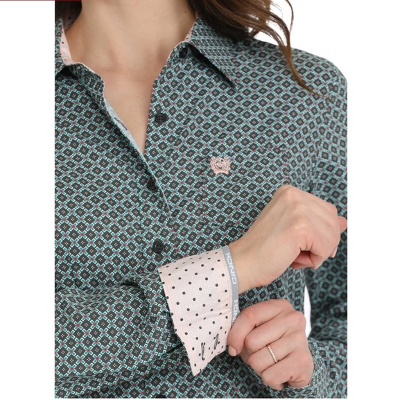 Cinch Ladies Geometric Grey & Teal Button Down Shirt - Picture 2 of 4